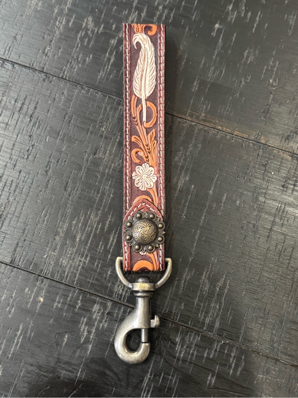 NWOT Western Tooled Leather Keychain Wristlet: Wrist Lanyard | Cowgirl Key Fob